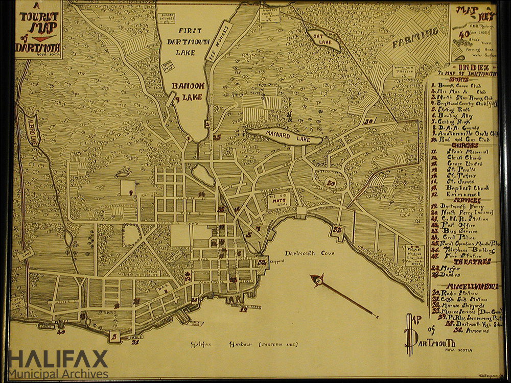 A hand-drawn map of Dartmouth showing streets, churches, sporting clubs, services, theatres, bowling alley, radio studio, public swimming pool, dump, cable stations, etc.