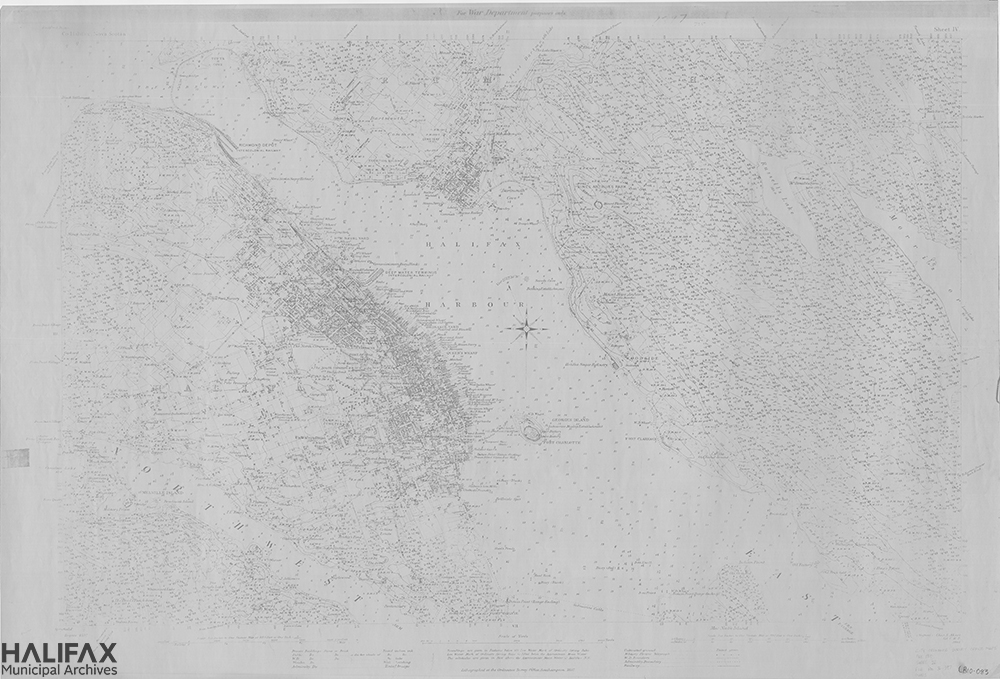 Black and white copy of a map showing downtown Dartmouth streets and house plots, as well as topographic features.