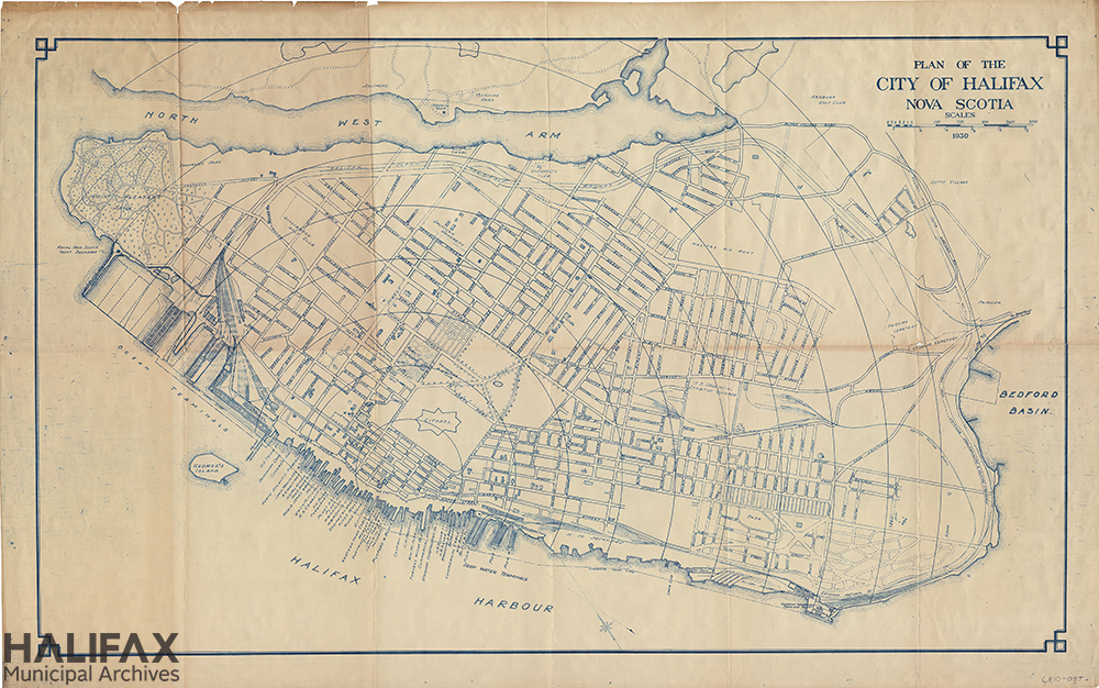 Sepia tone map with blue lines showing the Halifax peninsula, including some building footprints and walking paths.