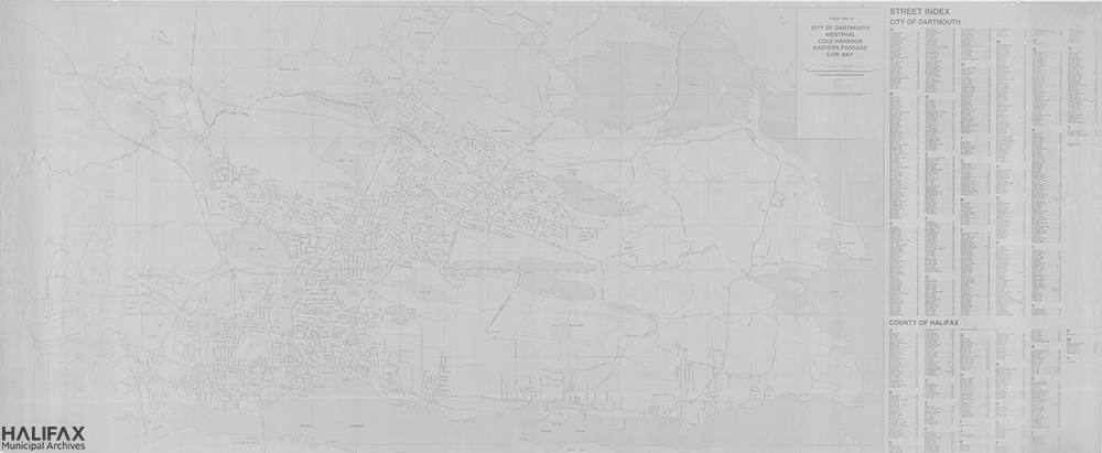 A black and white map of Dartmouth showing street names and water features.