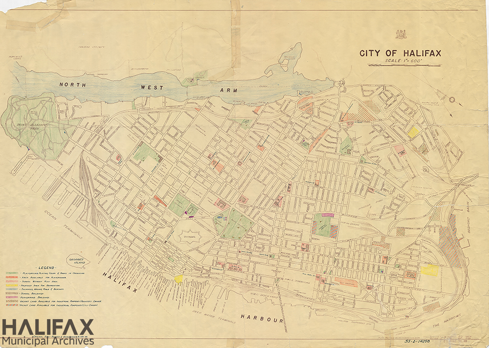 Black and white plan with coloured-in sections showing Halifax peninsula, streets, and recreational areas