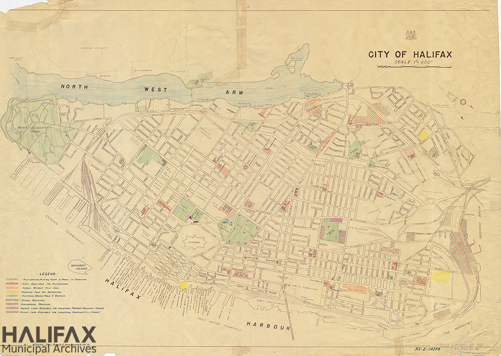 Black and white plan with coloured-in sections showing Halifax peninsula, streets, and recreational areas