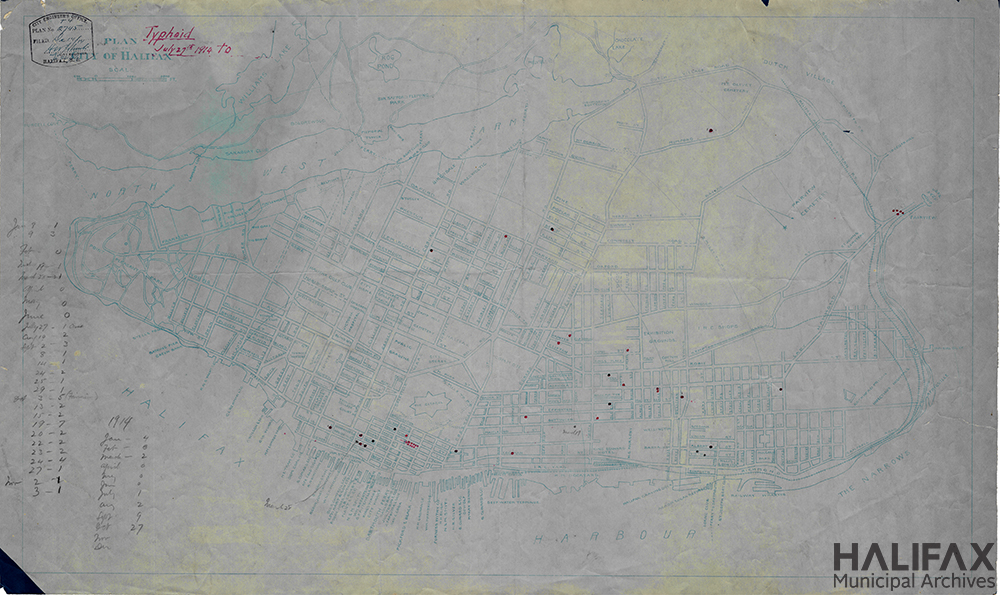 Map of Halifax peninsula showing typhoid areas with coloured dots.