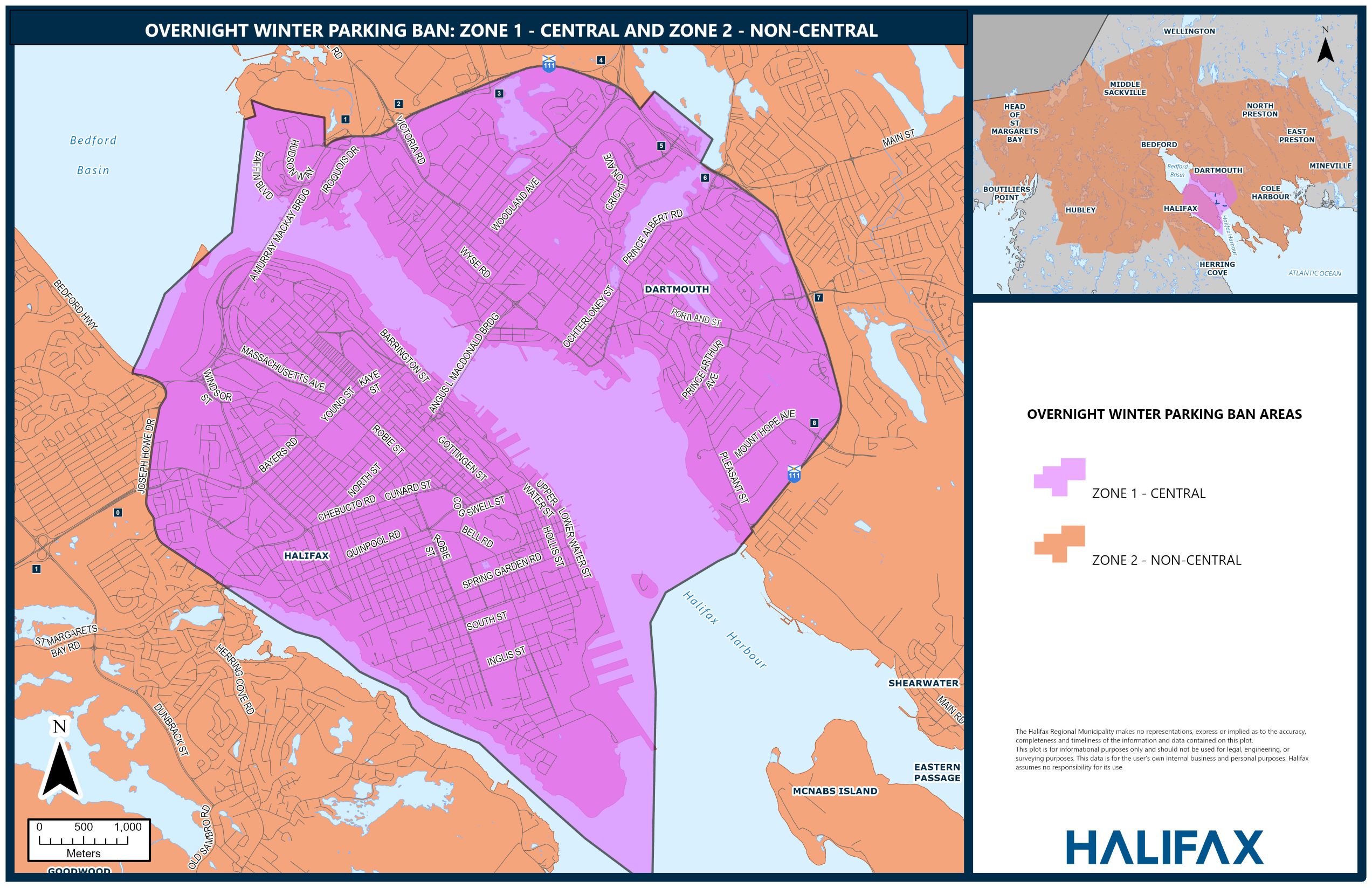 a map depicting the two parking ban zones