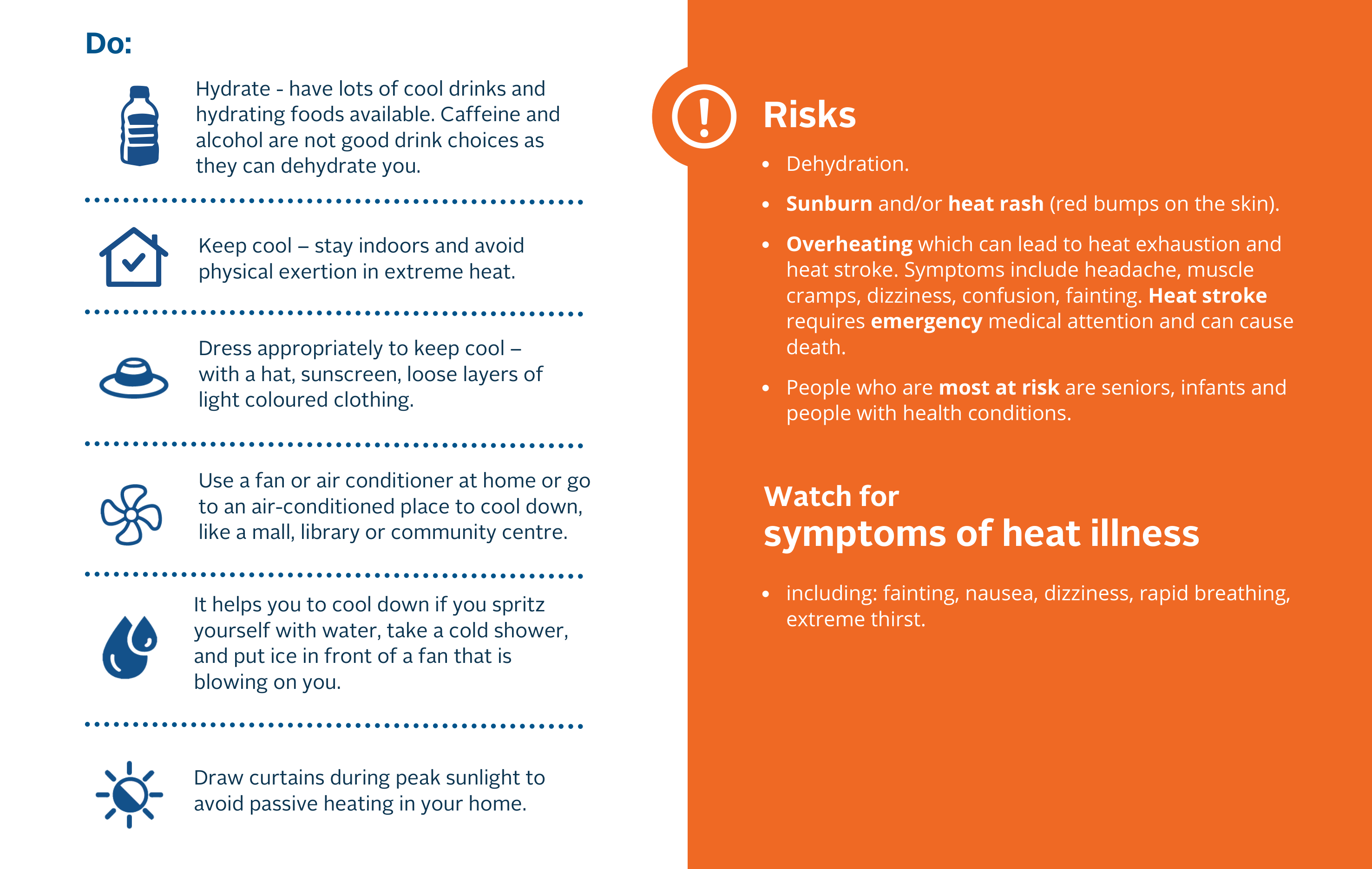 Infographic containing things you should do and major risks during extreme heat events.