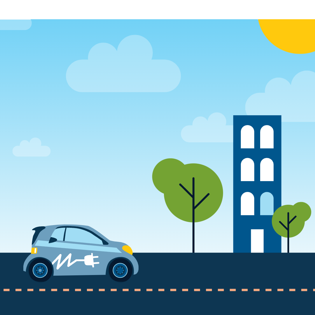 An electric vehicle driving along an urban street past trees and buildings
