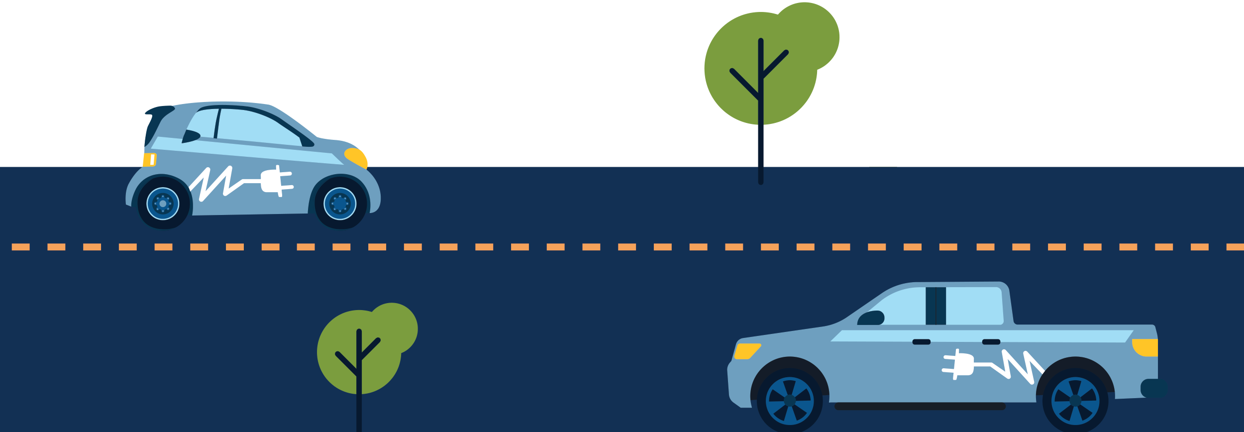 Illustration of an electric car driving toward the right of the frame and an electric truck driving toward the left.