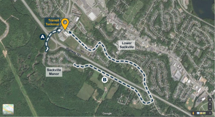 Highway 101 Exit 2 Map showing the AT Crossing proposed from Sackville Manor mobile Home Park to Sackville Transit Terminal