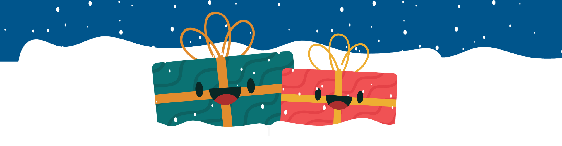 Two colourful, animated present boxes - smiling in a snowy scene