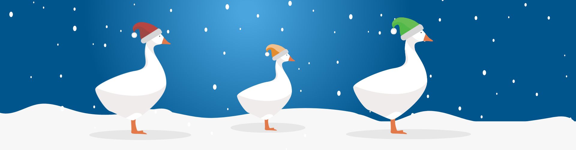 three white geese wearing winter hats walking on snow