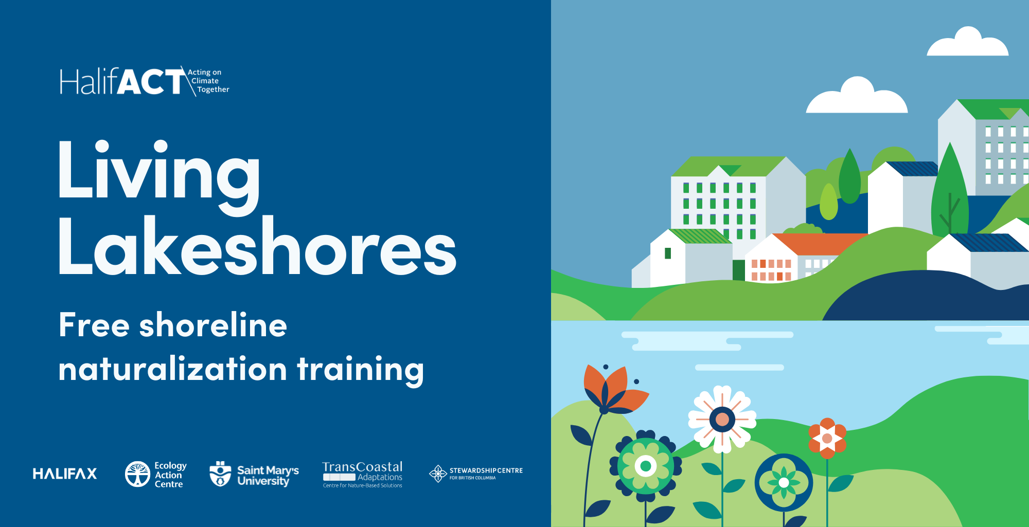 Living Lakeshores graphic, with a lake and flowers growing on the shore.