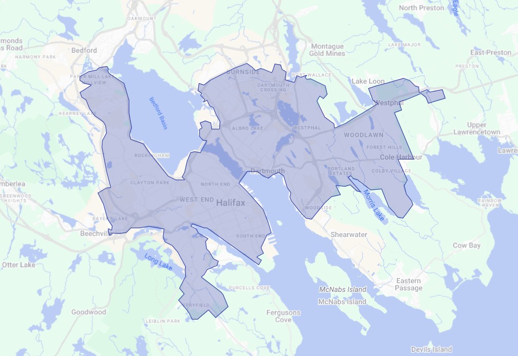 Phase two service area map within the regional centre and some suburbs like Sackville and Bedford.