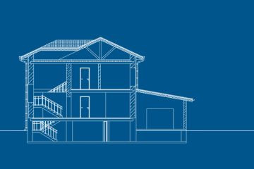 A blue graphic with a white line drawing of a building structure.