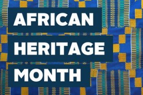 The words African Heritage Month are displayed over the Kente Cloth. 
