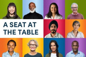 vibrant squares with volunteers in the foreground of each. 'A seat at the table' in blue font. 