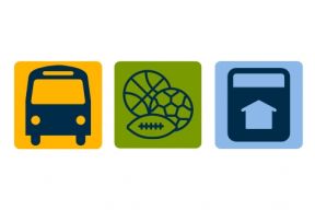 A yellow icon of a bus, a green icon of sports equipment, a blue icon of a tax receipt.