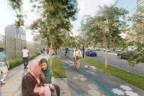 A render of the future Barrington Greenway, which shows people sitting in a park and cycling on a multi-use pathway.
