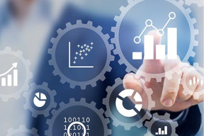 Picture of cogs with icons on a transparent background with man placing his finger on one of the cogs from behind