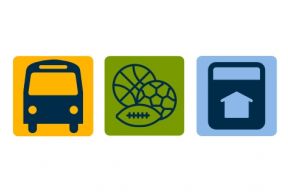 Three icons, one of a bus, one of assorted icons, one of a tax bill