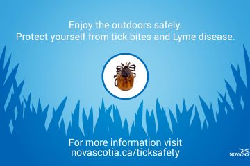Blue screen with picture of tick and information from the Province on where to get more information about tick safety.