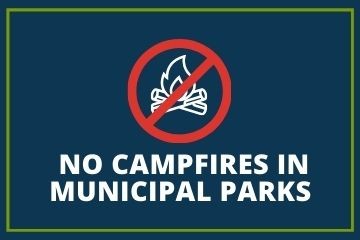 An icon of a campfire in a red crossed-out circle on a blue background