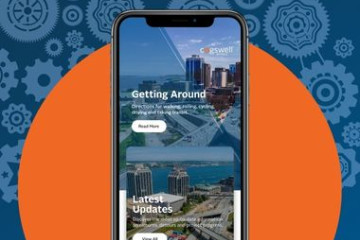The home screen of the Cogswell District App with a call out for Getting Around is seen on an iPhone screen
