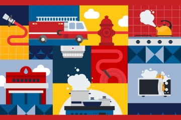 Iconography images of fire and kitchen related objects. 